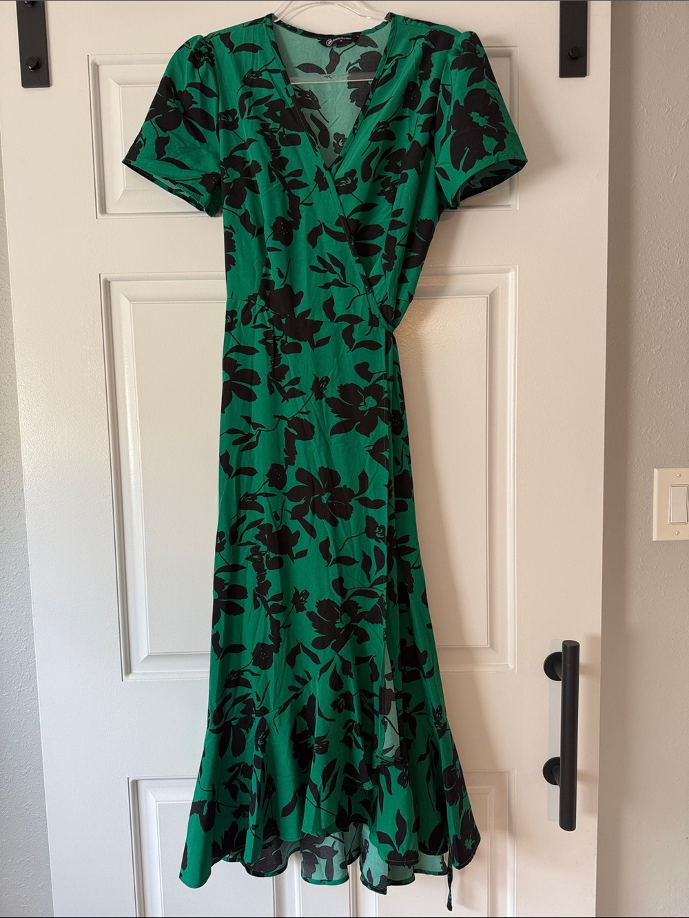 Women's Green Floral Wrap Midi Dress with Black Print